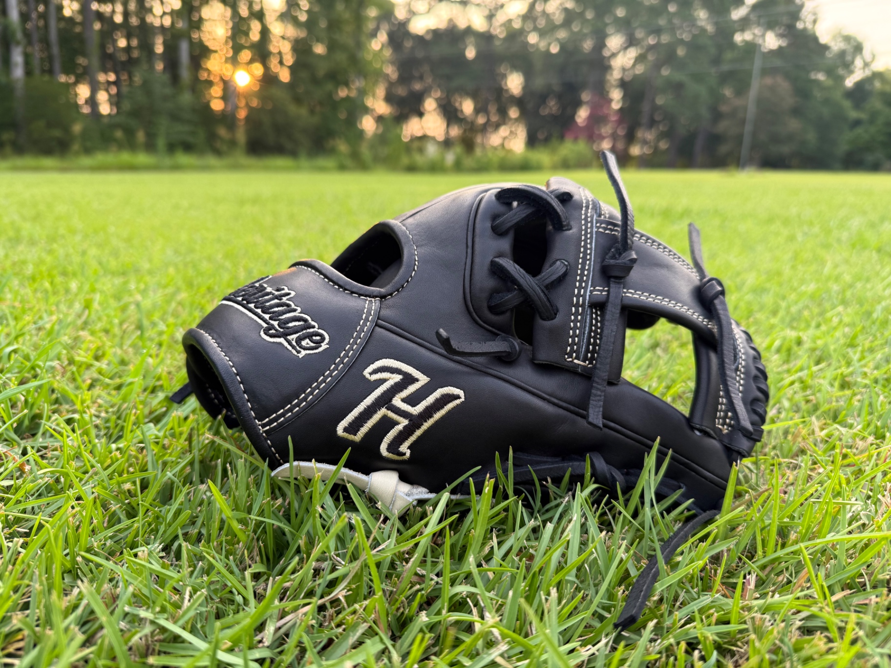 Black Heritage glove with gold 'H' embroidery at sunset