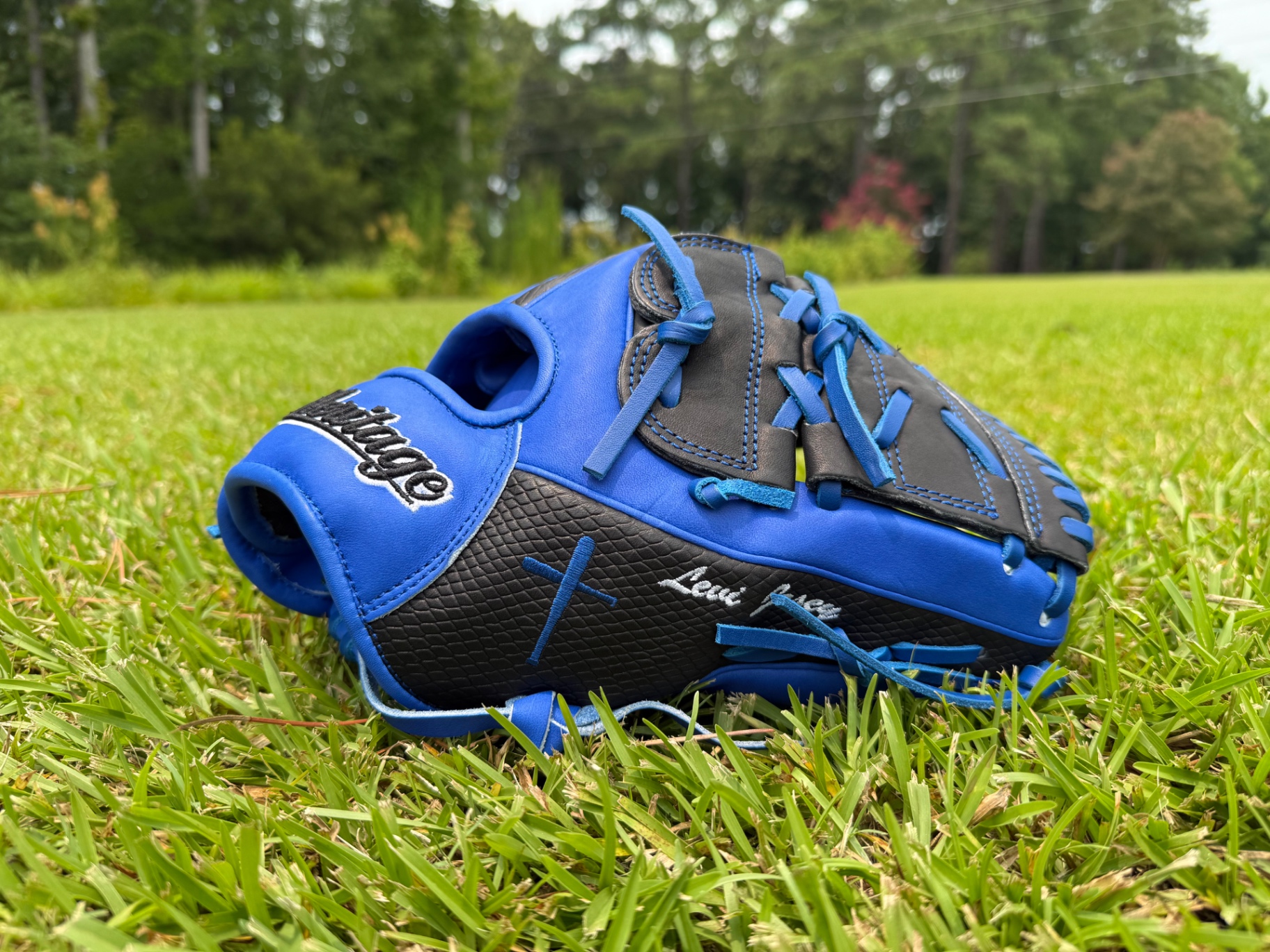 Blue and black Heritage glove personalized 'Levi Price'